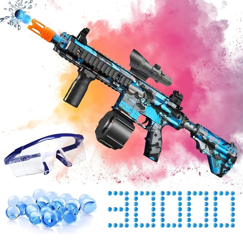 Blue camo Honey Badger Gel Blaster with accessories and protective goggles included.