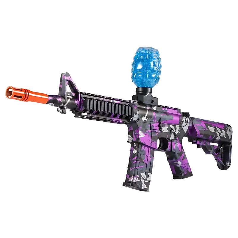 Purple and black shell ejecting toy gun with a grenade-shaped gel ammo loader.