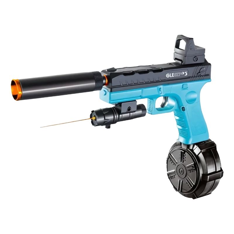 Blue Glock toy pistol with a silencer, laser sight, and drum magazine attachment.